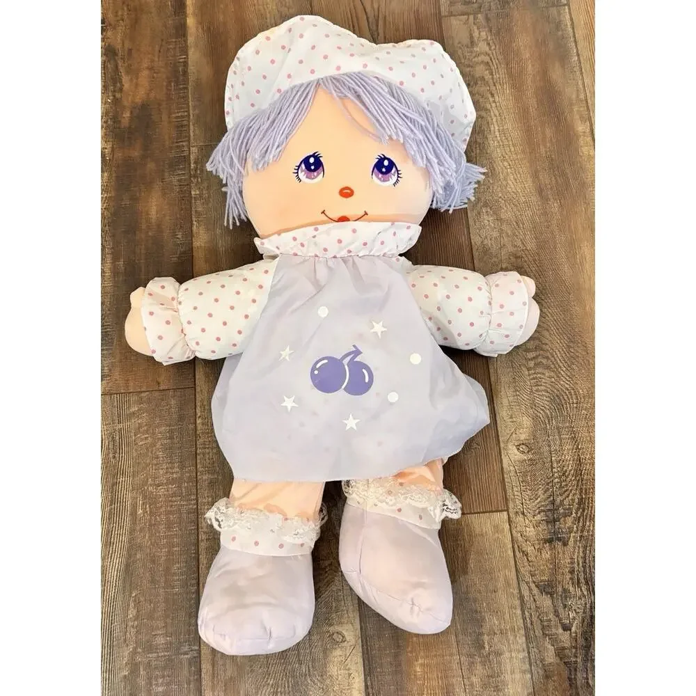 Vintage Dolly Mine Cloth Doll Purple Dress Eyes Cherries Pink Dots 22